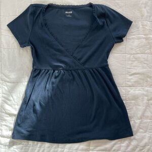 Hollister Navy Blue Easy Short-Sleeve Lace Trim Babydoll Top - S
